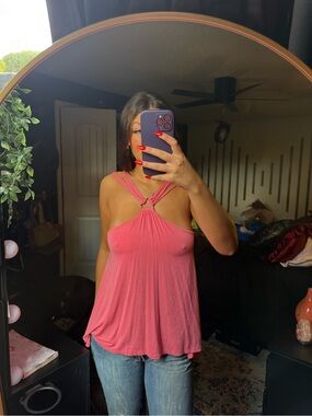 Women’s Pink Halter Knot Tank with Ring Accent